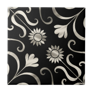 Elegant Chic Floral Damask Black Silver Sunflower Ceramic Tile