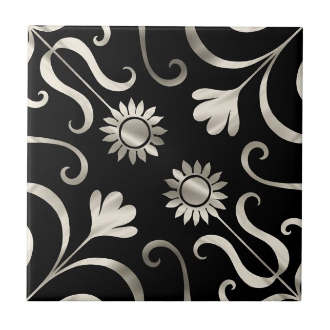  Elegant Chic Floral Damask Black Silver Sunflower Ceramic Tile (Front)