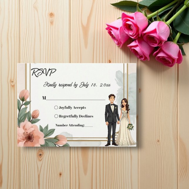 Elegant Chic Floral Frame Bride And Groom Wedding RSVP Card (Creator Uploaded)