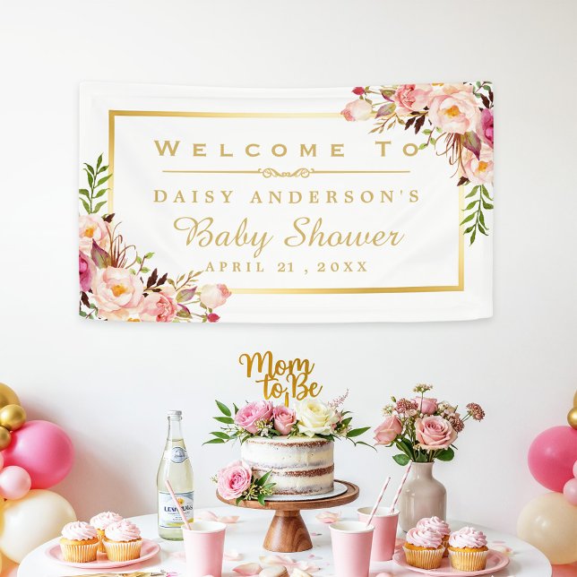 Elegant Chic Floral Gold Frame Baby Shower Banner (Creator Uploaded)