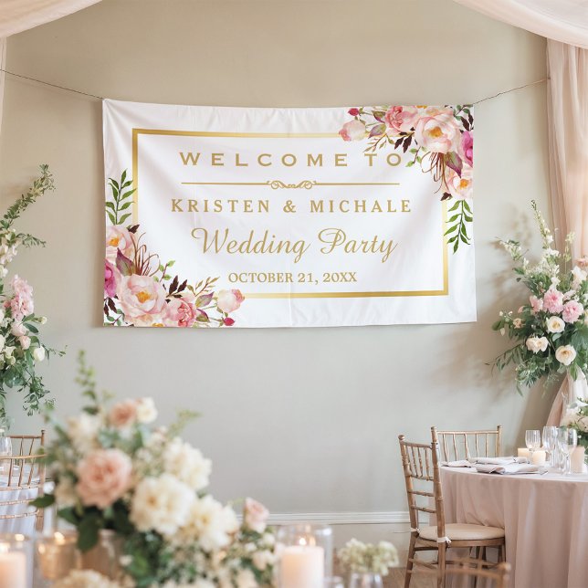 Elegant Chic Floral Gold Frame Wedding Party Banner (Creator Uploaded)