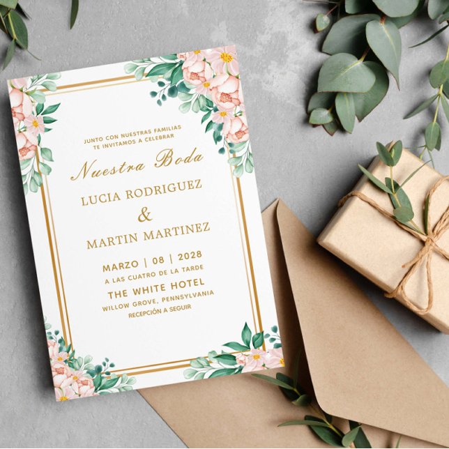 Elegant Chic Floral Gold frame White Nuestra Boda Invitation (Creator Uploaded)