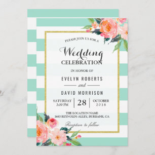 Elegant Chic Floral Mint Green Wedding Celebration Invitation