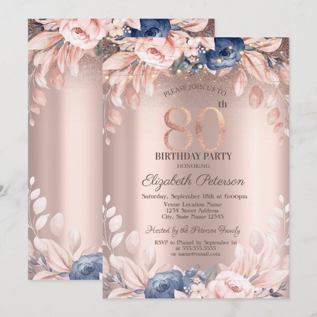 Elegant Chic Floral,String Lights 80th Birthday   Invitation (Front/Back)