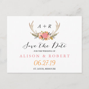 Elegant Chic Floral White Antler Save the Date Announcement Postcard