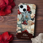 Elegant Chic Floral with Custom Name/Monogram iPhone 15 Case<br><div class="desc">Elegant exotic ruby red,  dusty blue and off-white on a dark teal blue background with unique blank label element for your name or monogram. Colour of label can be customised using the colour picker tool in the edit design panel.</div>