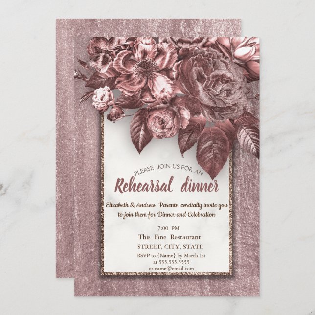 Elegant Chic  Flowers Burgundy Rehearsal Dinner Invitation (Front/Back)