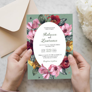 Elegant chic flowers sage green wedding invitation