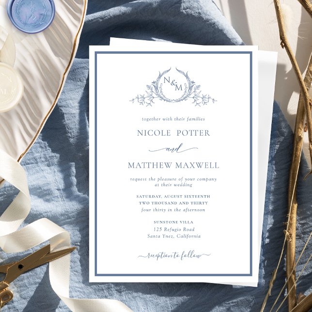 Elegant Chic Formal Monogram Dusty Blue Wedding Invitation (Creator Uploaded)