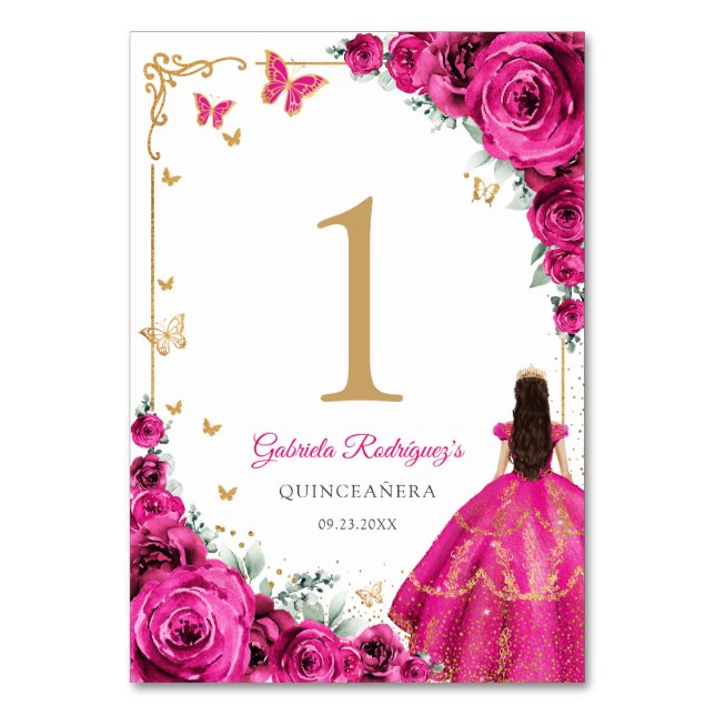 Elegant Chic Fuchsia Pink Roses Gold Quinceanera Table Number (Front)