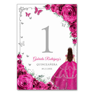 Elegant Chic Fuchsia Pink Roses Silver Quinceanera Table Number