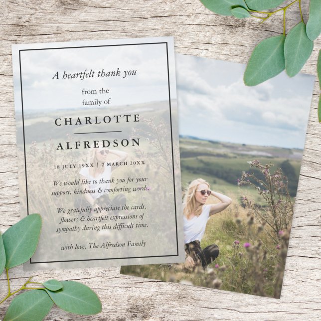 Elegant Chic Funeral | Minimalist Photo Sympathy Thank You Card (Creator Uploaded)