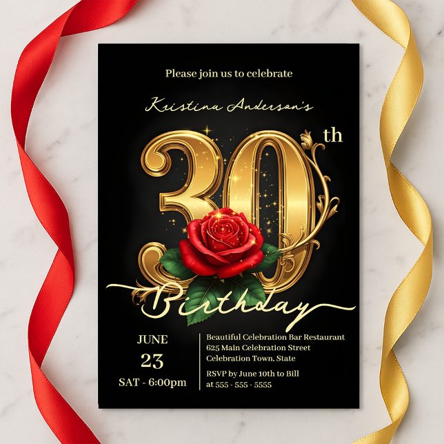 Elegant Chic Gilded 30th with Red Rose Bloom Invitation (Creator Uploaded)