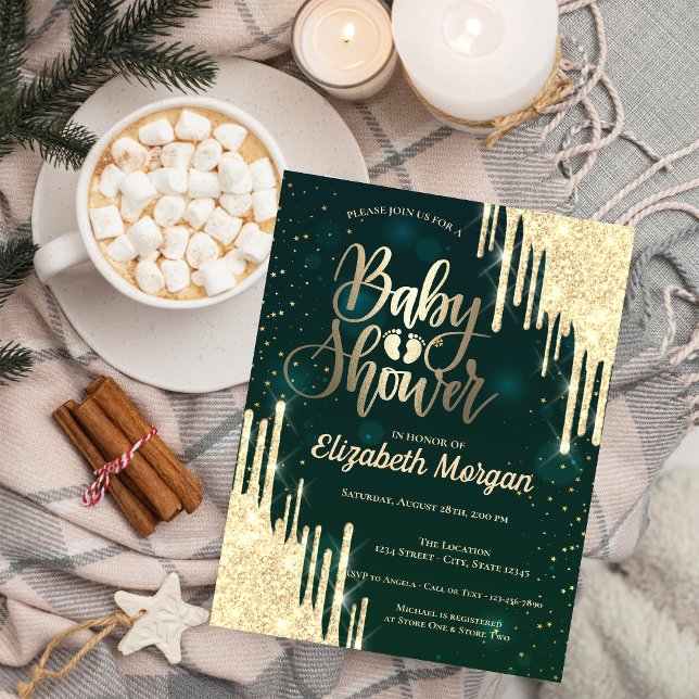 Elegant Chic Glitter Drips Green Baby Shower  Invitation (Creator Uploaded)