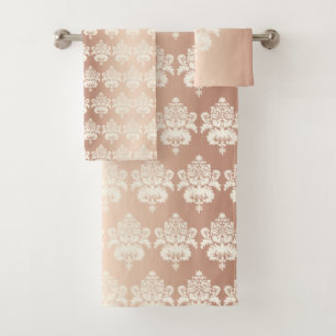 Elegant Chic Glow Rose Gold Damask Bath Towel Set