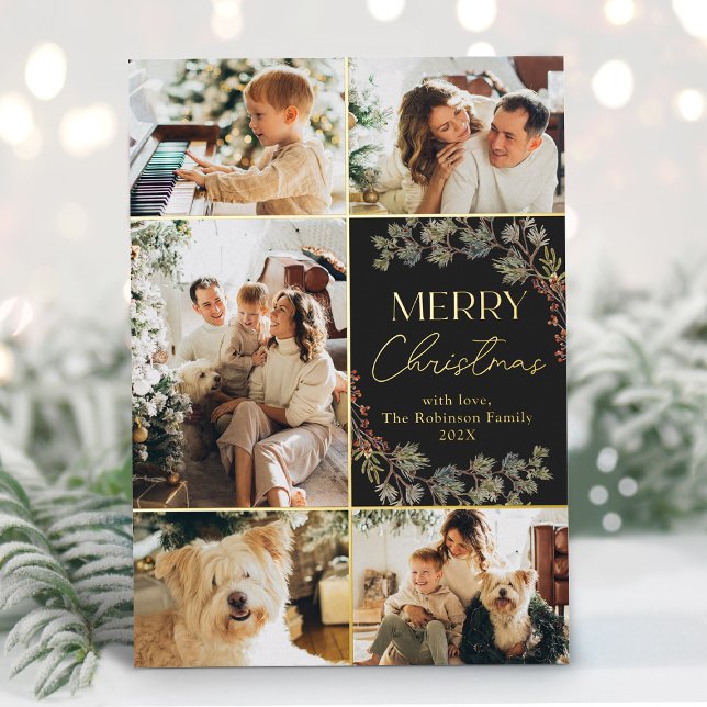  Elegant Chic Gold 5 Photo Merry Christmas Card (Creator Uploaded)