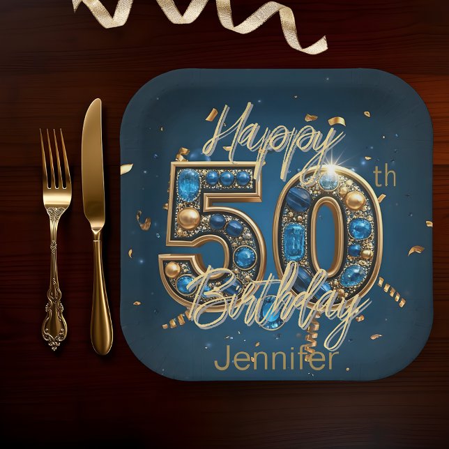 Elegant Chic Gold and Blue Gemstone 50th Birthday Paper Plate (Creator Uploaded)
