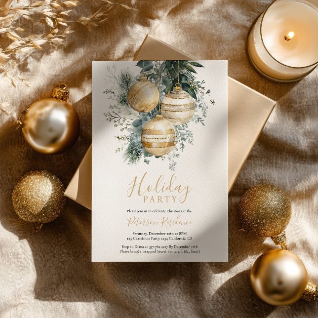 Elegant Chic Gold Baubles Greenery Christmas Party Invitation (Elegant Chic Gold Baubles Greenery Christmas Party Invitation)