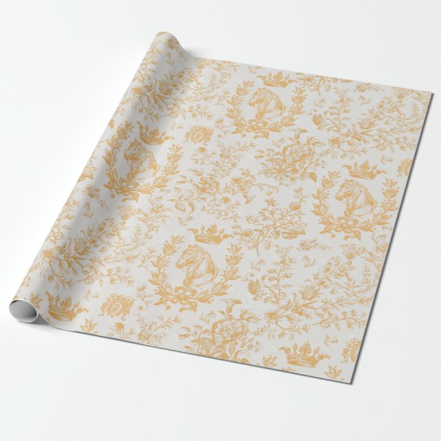 Elegant Chic Gold Beige Equestrian Floral Toile Wrapping Paper (Unrolled)