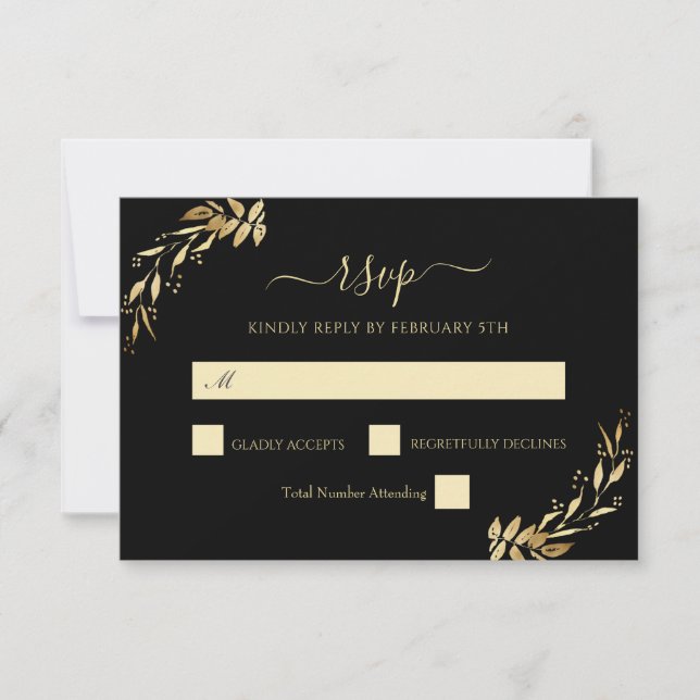 Elegant Chic Gold Black Eucalyptus Foliage Wedding RSVP Card (Front)