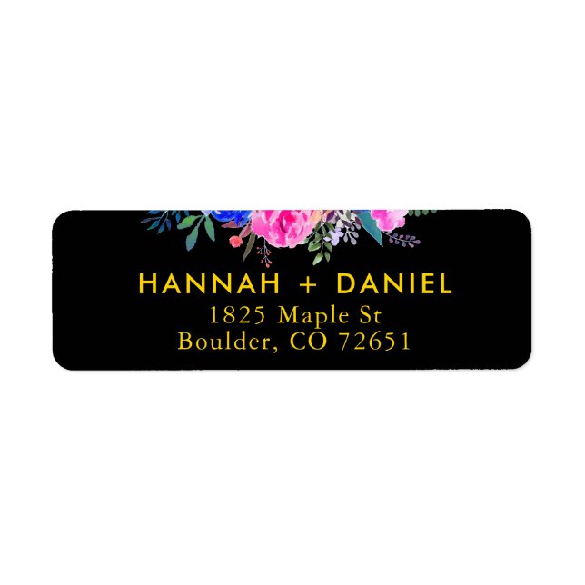Elegant Chic Gold & Black Floral Return Address Label (Front)