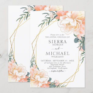 Elegant Chic Gold Blush Peach Cream Floral Wedding Invitation