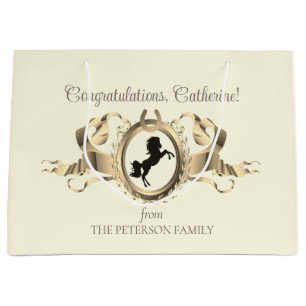 Elegant Chic Gold Equestrian Ribbon Crest Name Large Gift Bag