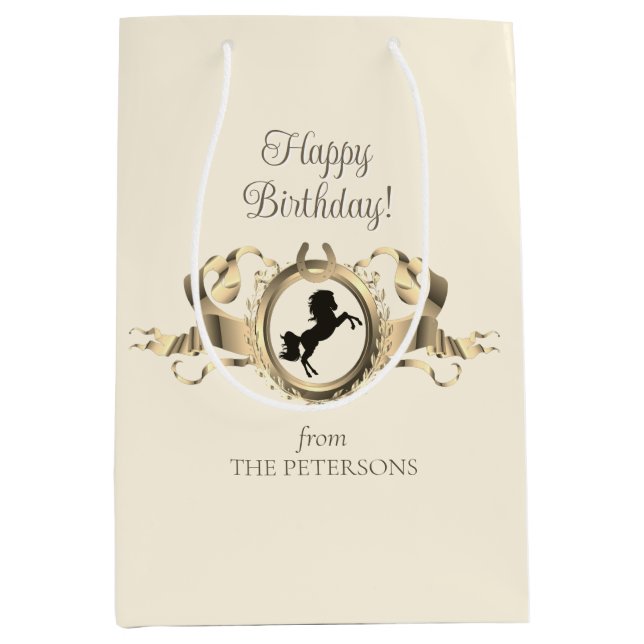 Elegant Chic Gold Equestrian Ribbon Crest Name Medium Gift Bag (Front)