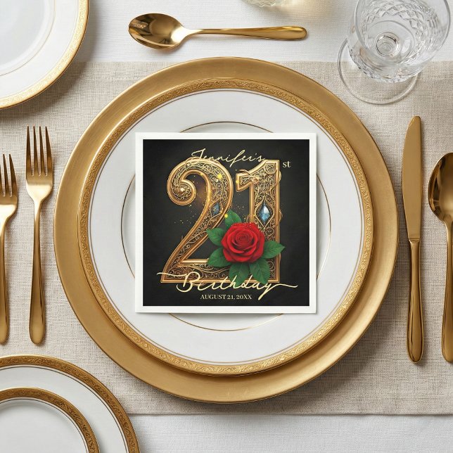 Elegant Chic Gold Filigree Red Rose 21st Birthday Napkin (Creator Uploaded)