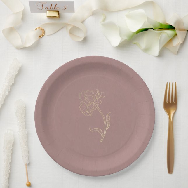 Elegant Chic Gold Flower & Dusty Rose Wedding  Paper Plate (Wedding)