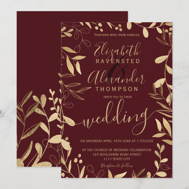 Elegant chic gold foil burgundy floral wedding invitation (Front/Back)