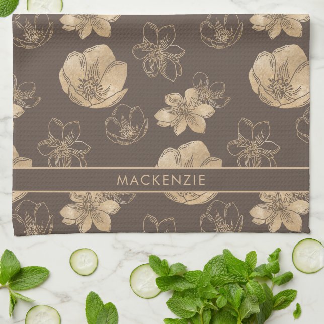 Elegant Chic Gold Foil Floral Pattern Monogram Tea Towel (Folded)