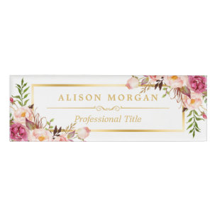 Elegant Chic Gold Frame Girly Pink Floral Beauty Name Tag