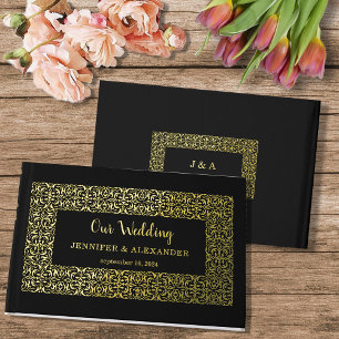 Elegant chic gold frame on black gold foil guest book