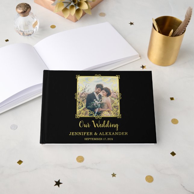 Elegant chic gold frame photo gold foil wedding guest book (Front Open)