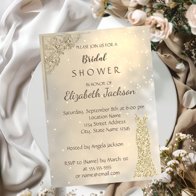 Elegant Chic Gold Glitter  Dress  Bridal Shower Invitation (Creator Uploaded)