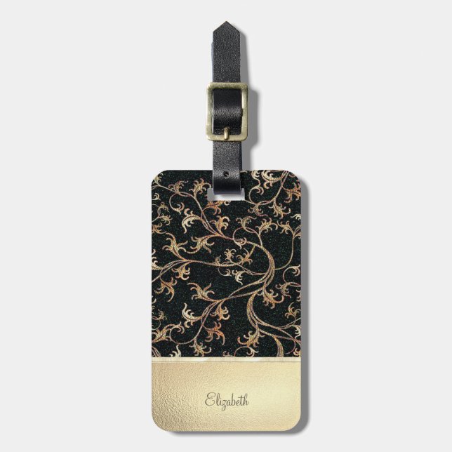 Elegant Chic Gold Glitter  Flowers - Personalised Luggage Tag (Front Vertical)