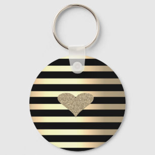 Elegant Chic Gold Glitter Heart On Gold Stripes Key Ring