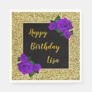 Elegant Chic Gold Glitter Purple Roses Birthday Napkin