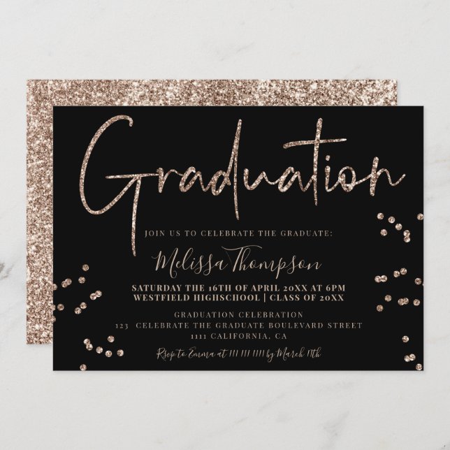 Elegant chic gold glitter script black graduation invitation (Front/Back)