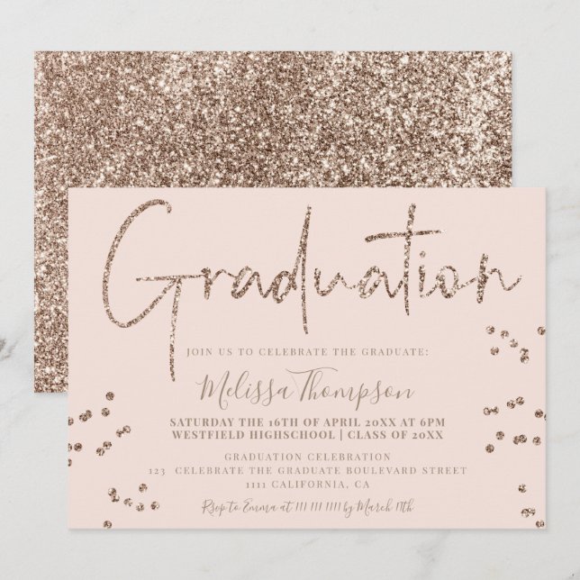 Elegant chic gold glitter script blush graduation invitation (Front/Back)