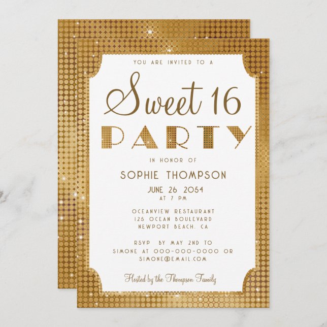 Elegant Chic Gold Glitter Sequins Sweet 16 Party Invitation (Front/Back)