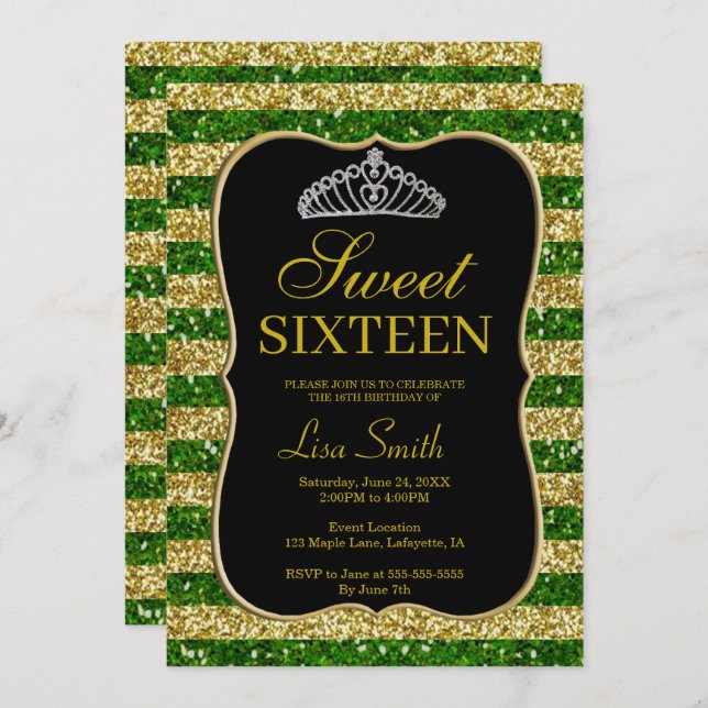 Elegant Chic Gold Green Glitter Tiara Sweet 16 Invitation (Front/Back)