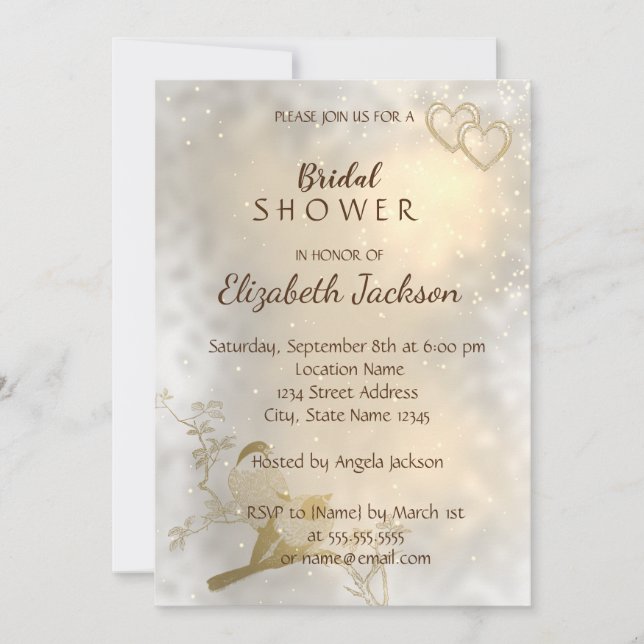 Elegant Chic Gold Hearts, Birds Bridal Shower Invitation (Front)