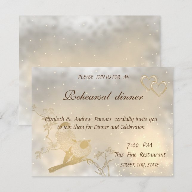 Elegant Chic Gold Hearts, Birds  Rehearsal Dinner Invitation (Front/Back)