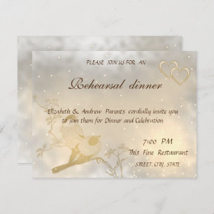 Elegant Chic Gold Hearts, Birds  Rehearsal Dinner Invitation