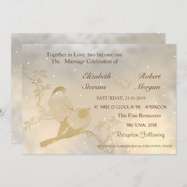 Elegant Chic Gold Hearts, Birds Wedding Invitation (Front/Back)