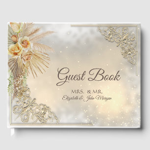 Elegant Chic Gold Hearts Boho Flowers Wedding Guest Book