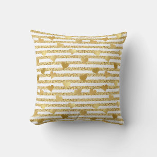 Elegant Chic Gold Hearts Glitter Stripes Cushion