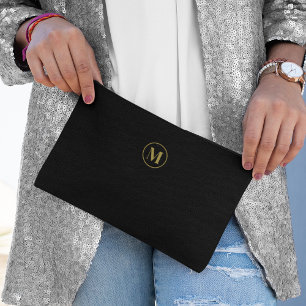 Elegant Chic Gold Initial & Black Minimalist Accessory Pouch